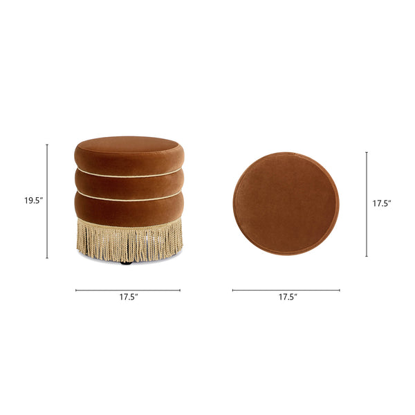 English Elm Jennifer Taylor Home - Edward 17.5" Round Upholstered Ottoman with Bullion Fringe — Vintage Luxe Seat, Footrest & Accent Piece Burnt Orange B2719P320842