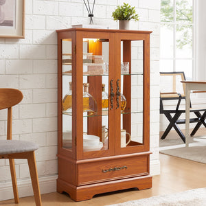 English Elm Lighted Glass Curio Cabinet - Elegant Dark Oak Display With Adjustable Shelves, Built-In Drawer & Bulb W1758P300114