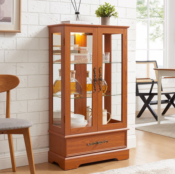 English Elm Lighted Glass Curio Cabinet - Elegant Dark Oak Display With Adjustable Shelves, Built-In Drawer & Bulb W1758P300114