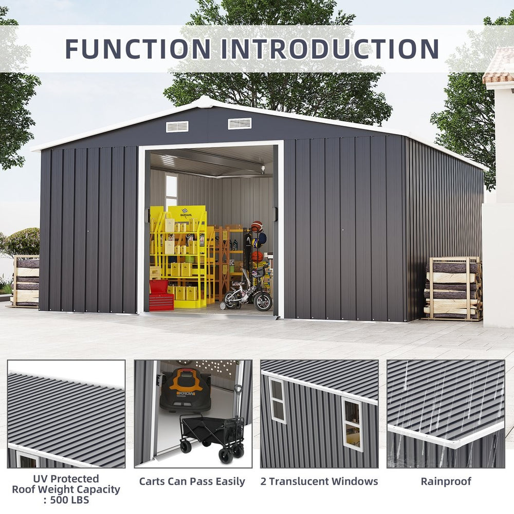 English Elm Campcraft 10x12 Ft Steel Outdoor Storage Shed with Daylight Windows and Weather Resistant Panels Dark Gray W1598S00048