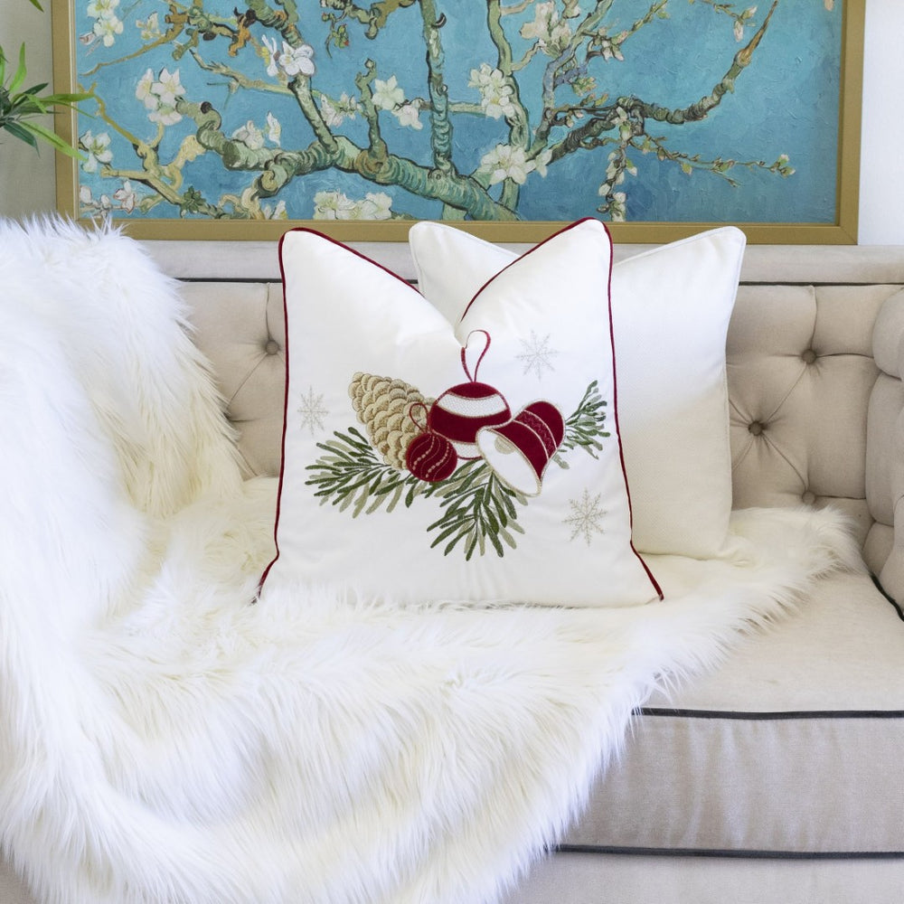 English Elm White Christmas Throw Pillow – Elegant Pinecone & Ornament Embroidery, 20X20 With Hidden Zipper B357P361356-GIGA
