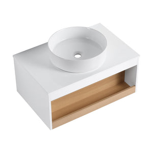 English Elm 30" Floating Wall Mount Bathroom Vanity Open Shelf Ceramic Vessel Sink Modern White W3450S00056