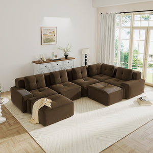 English Elm Modular Corduroy Sectional Sofa V Shaped 5 Seat Living Room Couch with Ottoman Brown W714S01577