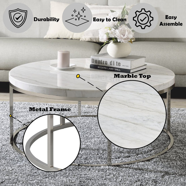English Elm Zaidee Marble Top Coffee Table with Nickel Frame — Elegant Round Natural Marble Accent Table for Living Rooms White 43.25 L x 41.5 W x 5.75 H B2726P246013