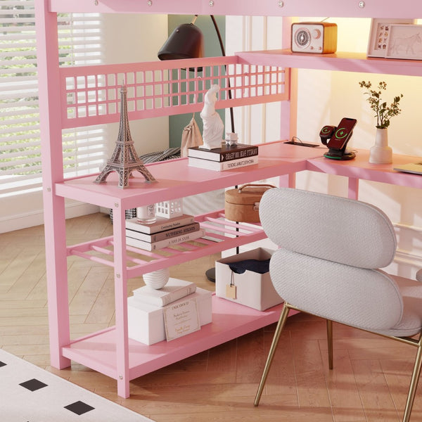 English Elm Full Size Steel Loft Bed with Staircase Storage Wardrobe Desk and Led Lighting Pink W2593S00077