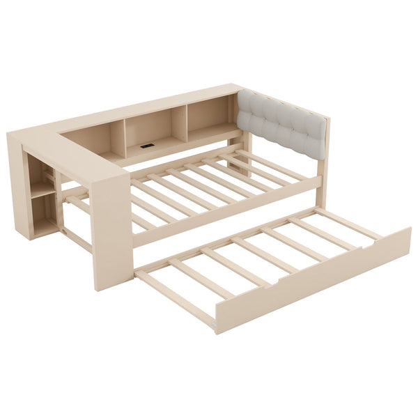 English Elm Wood Twin Platform Bed Linen Headboard Storage Shelves Trundle Charging Station Cream N709P004023C