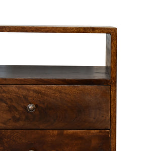 English Elm Classic Chestnut Solid Mango Wood Nightstand with Brass Knobs, 2 Drawers & Open Shelf, Nordic Legs B182P336645