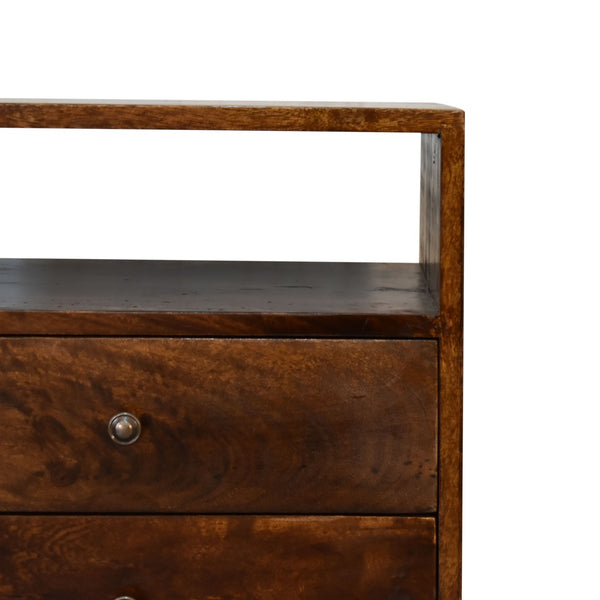 English Elm Classic Chestnut Solid Mango Wood Nightstand with Brass Knobs, 2 Drawers & Open Shelf, Nordic Legs B182P336645