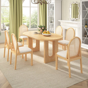 English Elm Trexm Farmhouse Oval Dining Set Seats Six with Rattan Back Chairs Oak Veneer Table Beige,Natural ST000157AAD