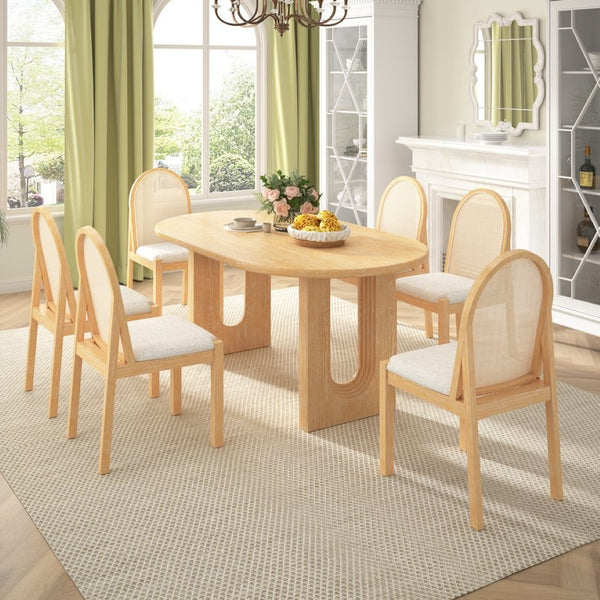 English Elm Trexm Farmhouse Oval Dining Set Seats Six with Rattan Back Chairs Oak Veneer Table Beige,Natural ST000157AAD