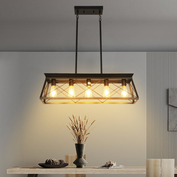 English Elm 32-inch Black Industrial 5-Light Pendant Chandelier, Adjustable Metal Cage Farmhouse Lighting Fixture for Kitchen Dining Room Living Room W2312P368668