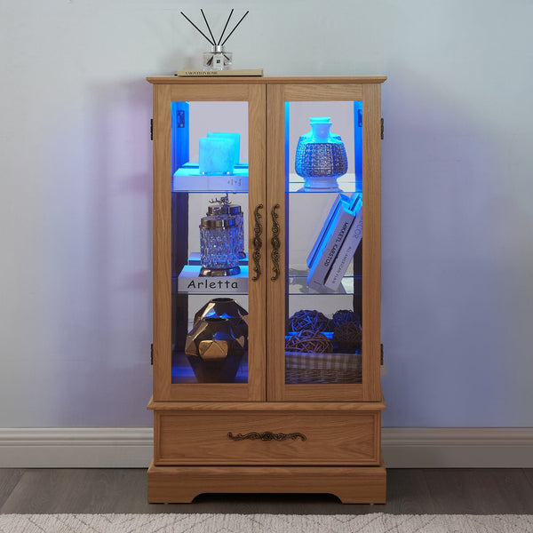 English Elm Lighted Glass Curio Display Cabinet - Elegant Oak Finish, Led Lighting, Adjustable Shelves & Secure Storage W1758P290020
