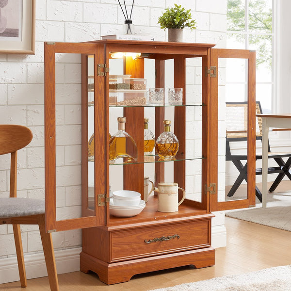 English Elm Glass Lighted Curio Cabinet DARK OAK with Adjustable Glass Shelves, Vintage Handles, Bulb Included W2275P295883