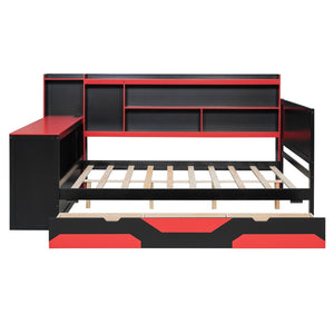 English Elm Full Size Gaming Bed Frame with Desk Led Lights Storage Drawers and Charging Station Black+Red LP000289AAJ