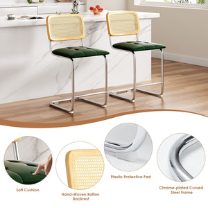 English Elm Farini Velvet Counter Height Bar Stools Set of 2 with Rattan Back, Cantilever Comfort & Floor Protectors Green T3623P354967