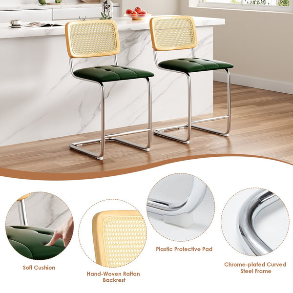 English Elm Farini Velvet Counter Height Bar Stools Set of 2 with Rattan Back, Cantilever Comfort & Floor Protectors Green T3623P354967