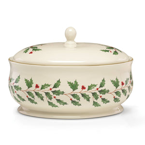Lenox Holiday Ivory Porcelain Covered Dish with 24 Karat Gold Holly Berries Motif 863646
