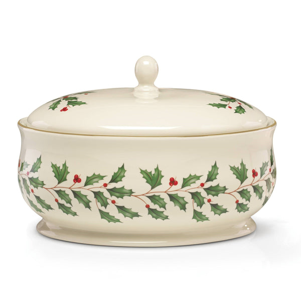 Lenox Holiday Ivory Porcelain Covered Dish with 24 Karat Gold Holly Berries Motif 863646
