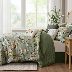 English Elm 7-piece Cal King Vintage Floral Comforter Set with Reversible Stripe and Bed Skirt B035P440214