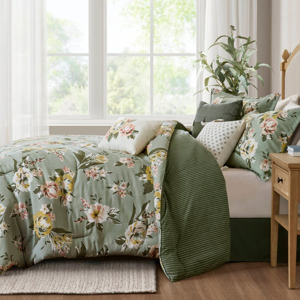 English Elm 7-piece Cal King Vintage Floral Comforter Set with Reversible Stripe and Bed Skirt B035P440214