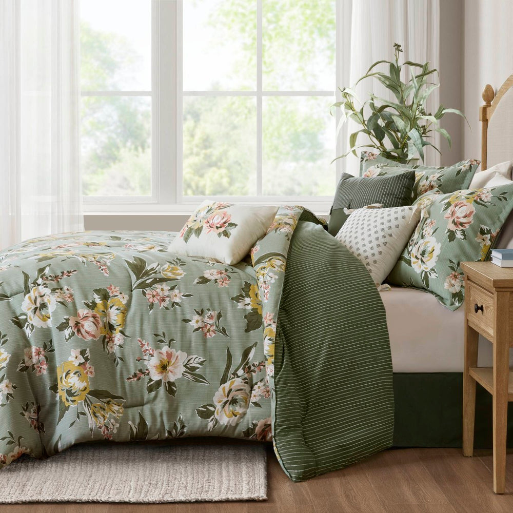 English Elm 7-piece Queen Vintage Floral Comforter Set Cotton Blend Slub Weave Reversible Stripe Green B035P440212