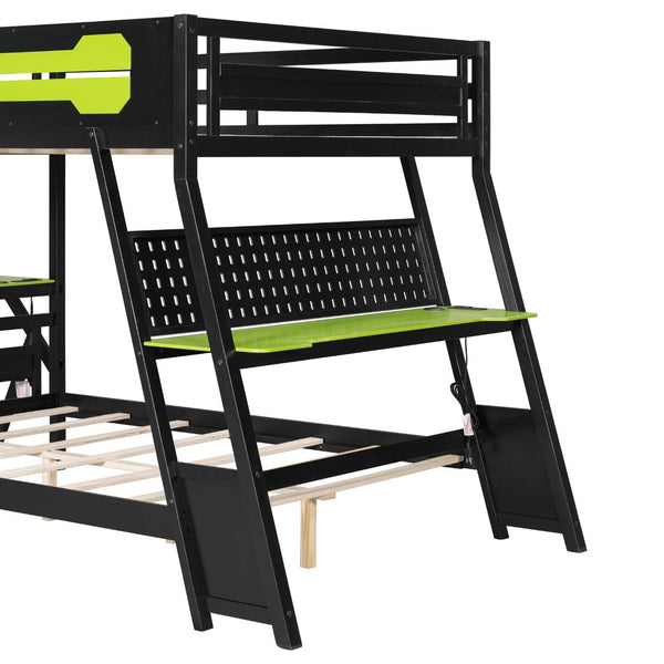 English Elm Full Size Gaming Bunk Bed with Dual Desks Usb Charging Ports and Pegboard Storage Green LT000274AAG