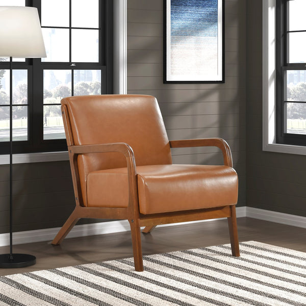 English Elm Walnut Modern Accent Chair with Brown Faux Leather Upholstery, Walnut Frame, Mid-Century Style Seat 32"H B011P271961
