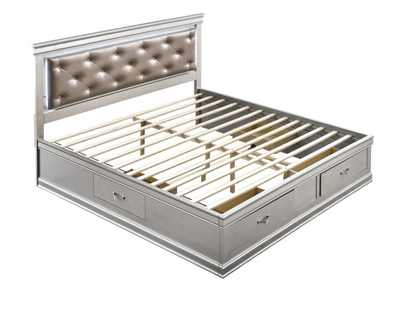 English Elm Lorana King Platform Bed with Led Lighting Tufted Faux Leather Glam Storage Frame Silver B078S00689
