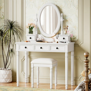 English Elm Vanity Vintage Wooden Makeup Desk with 180° Adjustable Mirror, 5 Velvet‑Lined Drawers & Cushioned Stool White 52.7 L x 22.5 W x 11 H N733P305139K