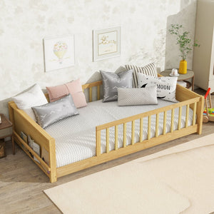 English Elm Twin Floor Platform Bed With Book Rack & Fence, Durable Natural Finish For Cozy Kids' Rooms W504P345766-GIGA