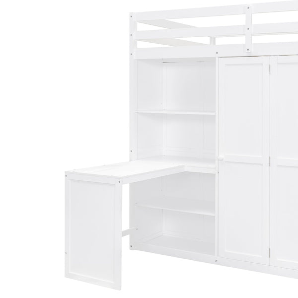 English Elm Full Size Loft Bed with Wardrobe Desk and Shelving for Modern Teen Bedroom White LT000679AAK-1