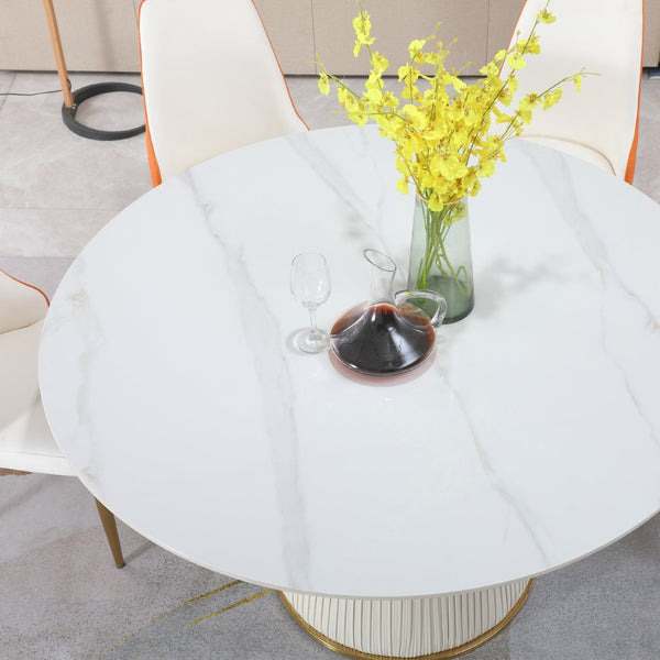 English Elm 53 Inch Round Sintered Stone Dining Table Carrara Marble Look Seats Eight W509S00172