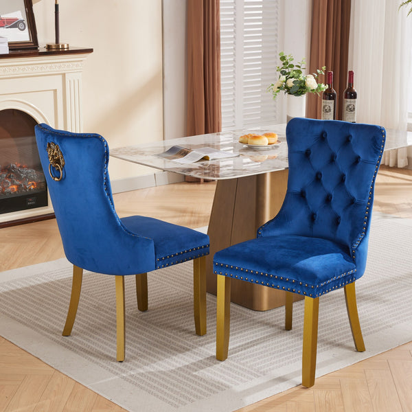 English Elm Mid-Century Velvet Dining Chair with Lion Head Pull Ring, Tufted Solid Wood Seat, Gold Legs Blue W1143P193169