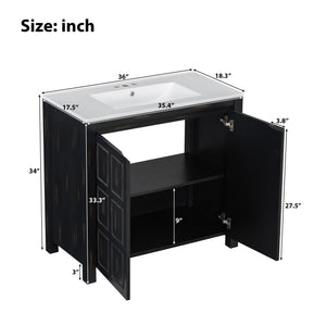English Elm 36" Bathroom Vanity Organizer with Ceramic Sink, Solid Wood Distressed Finish, Hand-Painted Charm and Ample Storage Espresso N729P255666P