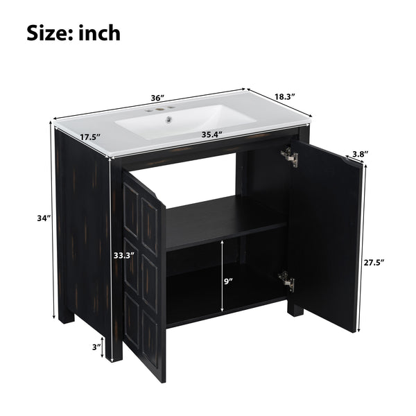 English Elm 36" Bathroom Vanity Organizer with Ceramic Sink, Solid Wood Distressed Finish, Hand-Painted Charm and Ample Storage Espresso N729P255666P