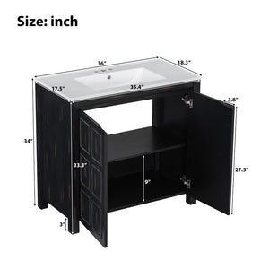 English Elm Modern 48 Inch Freestanding Bathroom Vanity Dual Ceramic Sinks Soft Close Gold Handles N729P000004P