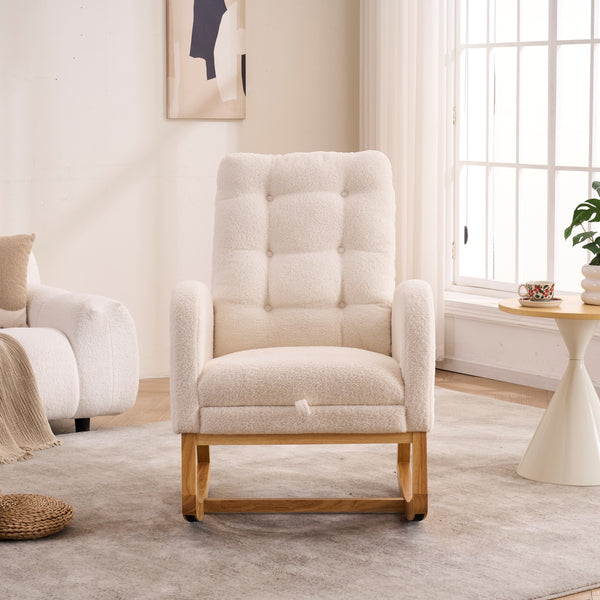 English Elm LY-5104 Plush High-Back Rocking Chair with Footrest & Storage Pocket, Ergonomic Foam Cushion for Nursery Beige+White W2231P292976