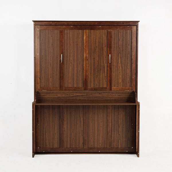 English Elm Queen Murphy Wall Bed with Integrated Desk Gas Strut Lift White Cabinet for Small Spaces Walnut W504S00226