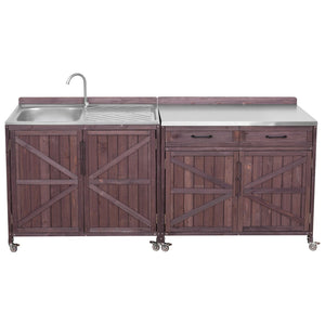 English Elm K&k Outdoor Prep Station Stainless Steel Top Fir Wood Cabinet with Drawer and Wheels Dark Brown N707P370273Z