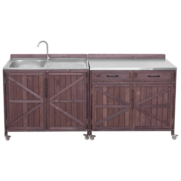 English Elm K&k Outdoor Prep Station Stainless Steel Top Fir Wood Cabinet with Drawer and Wheels Dark Brown N707P370273Z