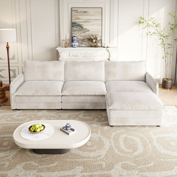 English Elm Corduroy 3-Seater L-Shaped Cloud Couch With Movable Ottoman For Ultimate Comfort And Style W834S00430