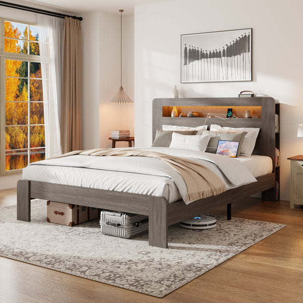 English Elm Bed Frame Queen Size - Stylish Wood Platform With Led Headboard, Usb Ports & Spacious Storage, Gray W636P210888