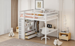 English Elm Wood Full Size Loft Bed with Built-In Desk, Wardrobe, Shelves & Drawers for Space-Saving Rooms White GX000466AAK