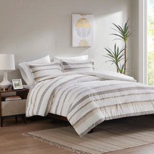 English Elm King/Cal Striped Clipped Jacquard Duvet Cover Set – Taupe Gray Geometric Design, Antimicrobial Reverse B03597384
