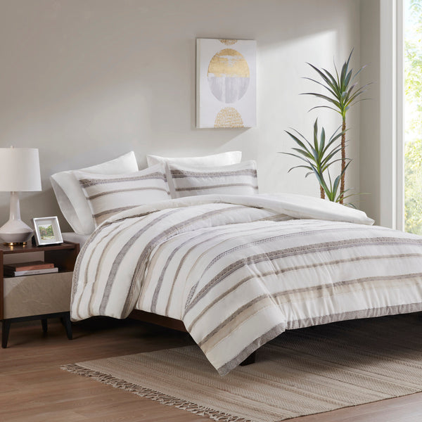 English Elm King/Cal Striped Clipped Jacquard Duvet Cover Set – Taupe Gray Geometric Design, Antimicrobial Reverse B03597384