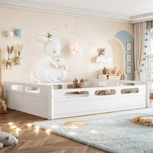 English Elm Queen Low Profile Floor Bed Pine Wood Frame Japandi Minimalist Bedroom Design White W1580P438794
