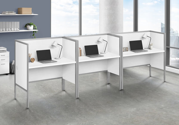 English Elm Office 48" Cubicle Desk White Laminate with Silver Metal Frame, Commercial Grade, Privacy Panel, Cable Management B2710P219923