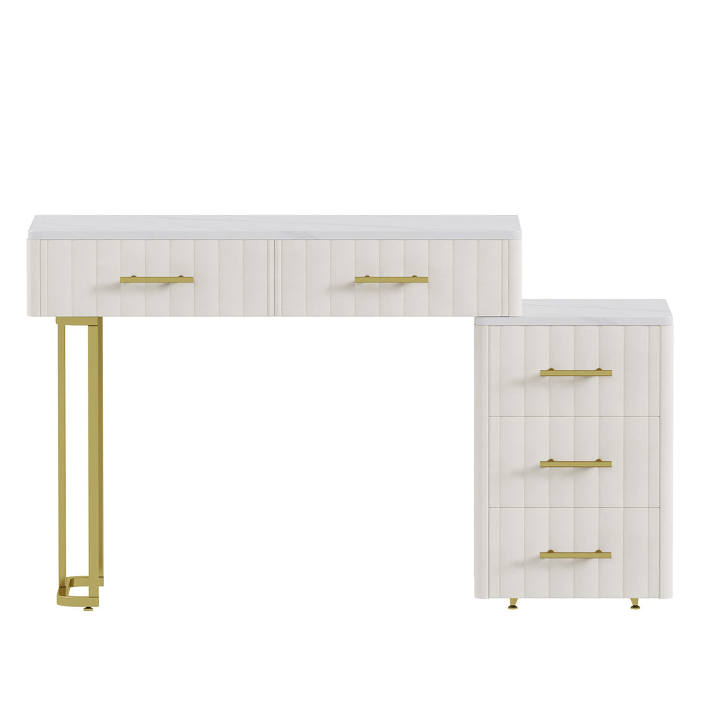 English Elm Velvet Upholstered Vanity Desk Set with Marble-Look Top, Padded Chair, 5 Spacious Drawers & Gold Accents Beige 17.5 L x 16.3 W x 16.1 H N733S272606A