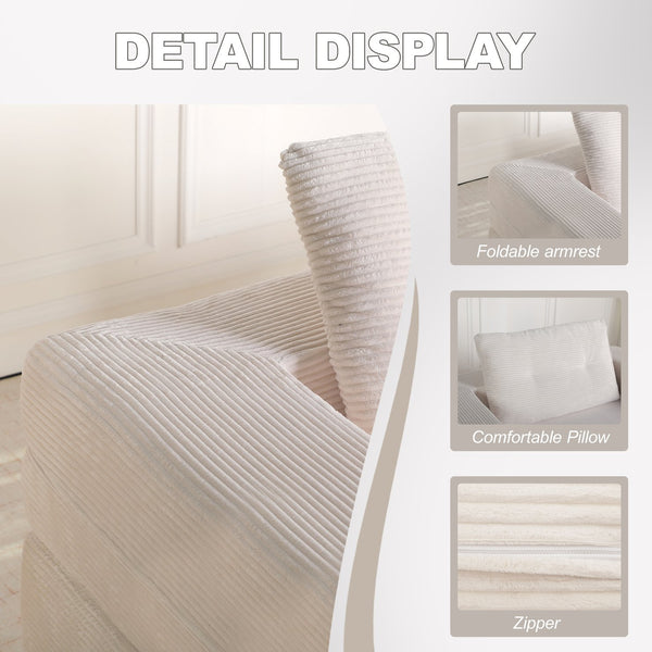 English Elm Compression Human Dog Sofa Bed 3-in-1 Folding Corduroy Floor Couch with Memory Foam Pillow for Living Room Beige W3723P376787