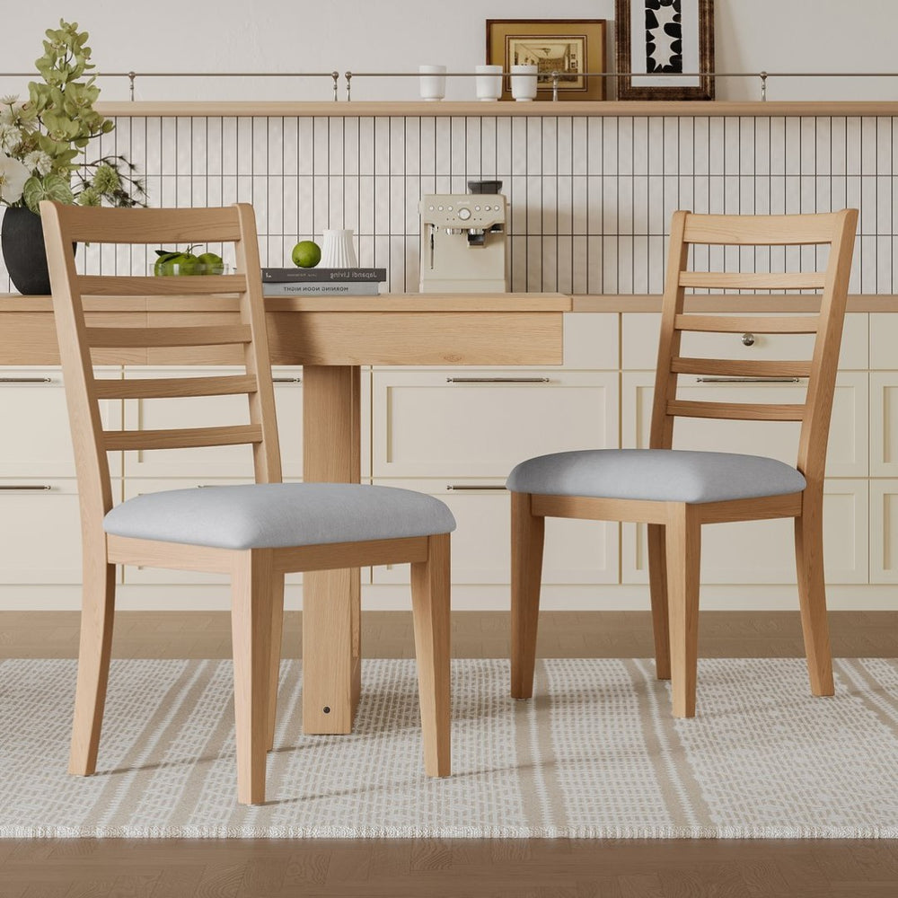 English Elm 2-piece Farmhouse Ladder Back Dining Chair Set Rubberwood Frame Upholstered Seat Kitchen Natural+Beige N752P436724N